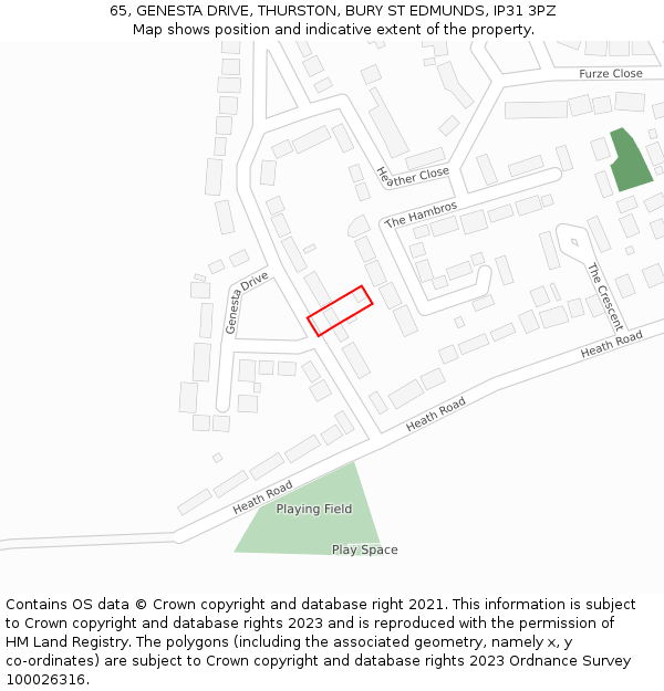 65, GENESTA DRIVE, THURSTON, BURY ST EDMUNDS, IP31 3PZ: Location map and indicative extent of plot