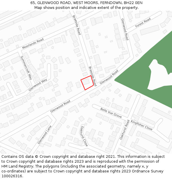 65, GLENWOOD ROAD, WEST MOORS, FERNDOWN, BH22 0EN: Location map and indicative extent of plot