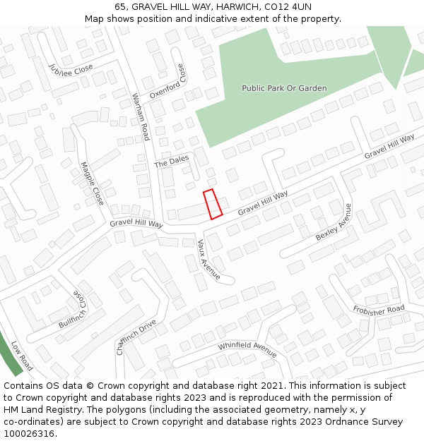 65, GRAVEL HILL WAY, HARWICH, CO12 4UN: Location map and indicative extent of plot