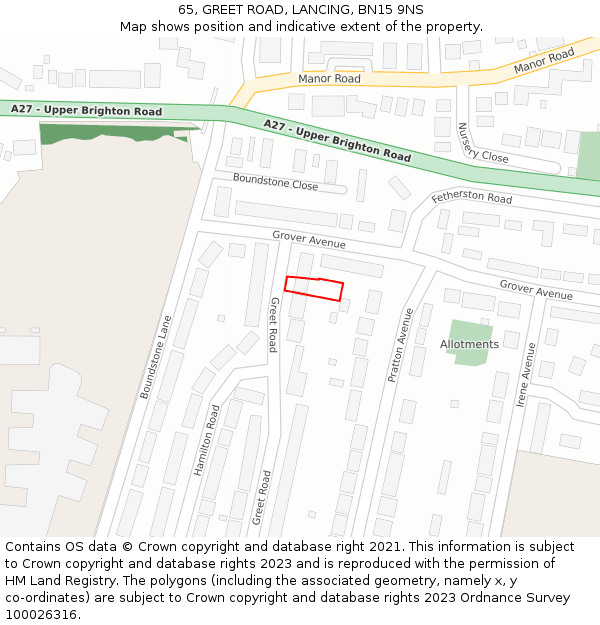 65, GREET ROAD, LANCING, BN15 9NS: Location map and indicative extent of plot