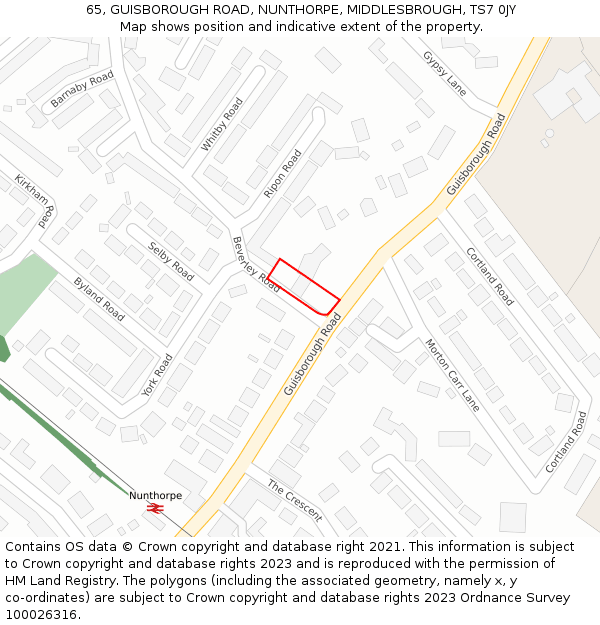 65, GUISBOROUGH ROAD, NUNTHORPE, MIDDLESBROUGH, TS7 0JY: Location map and indicative extent of plot