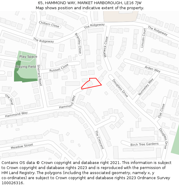 65, HAMMOND WAY, MARKET HARBOROUGH, LE16 7JW: Location map and indicative extent of plot