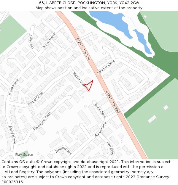 65, HARPER CLOSE, POCKLINGTON, YORK, YO42 2GW: Location map and indicative extent of plot