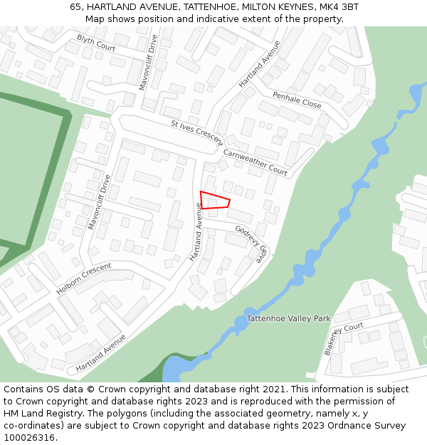 65, HARTLAND AVENUE, TATTENHOE, MILTON KEYNES, MK4 3BT: Location map and indicative extent of plot