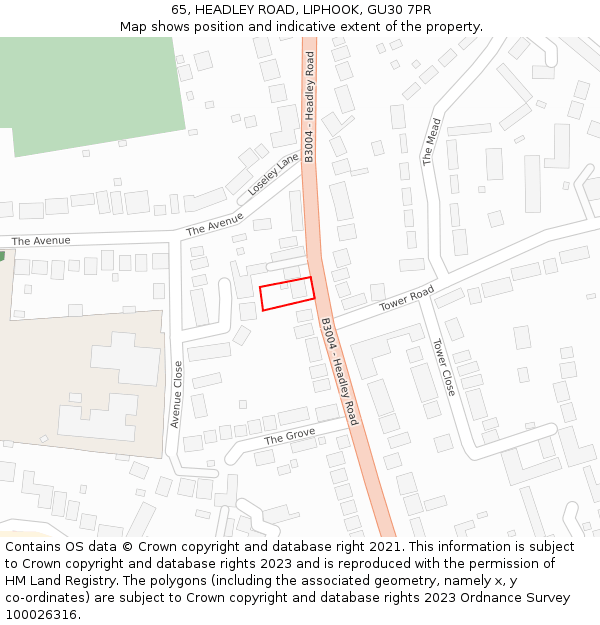 65, HEADLEY ROAD, LIPHOOK, GU30 7PR: Location map and indicative extent of plot