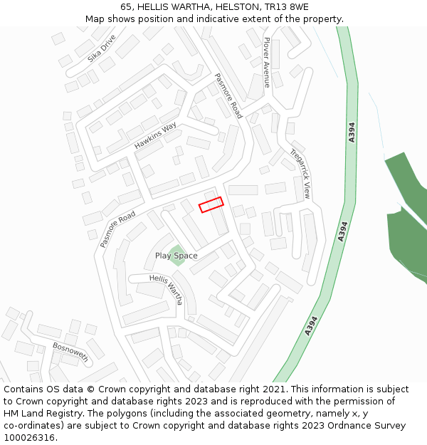 65, HELLIS WARTHA, HELSTON, TR13 8WE: Location map and indicative extent of plot