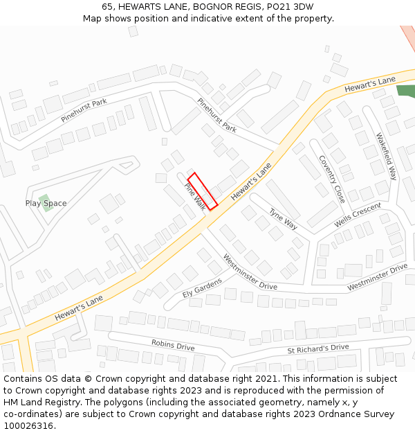 65, HEWARTS LANE, BOGNOR REGIS, PO21 3DW: Location map and indicative extent of plot