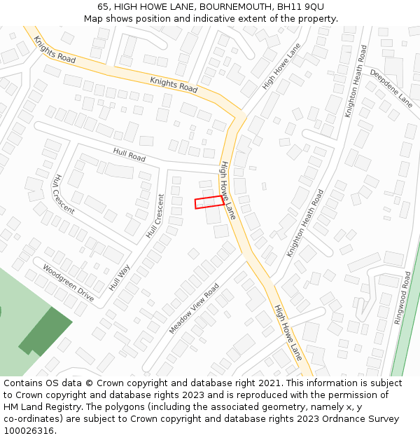 65, HIGH HOWE LANE, BOURNEMOUTH, BH11 9QU: Location map and indicative extent of plot