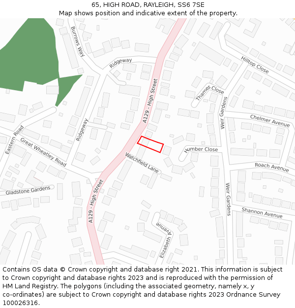 65, HIGH ROAD, RAYLEIGH, SS6 7SE: Location map and indicative extent of plot