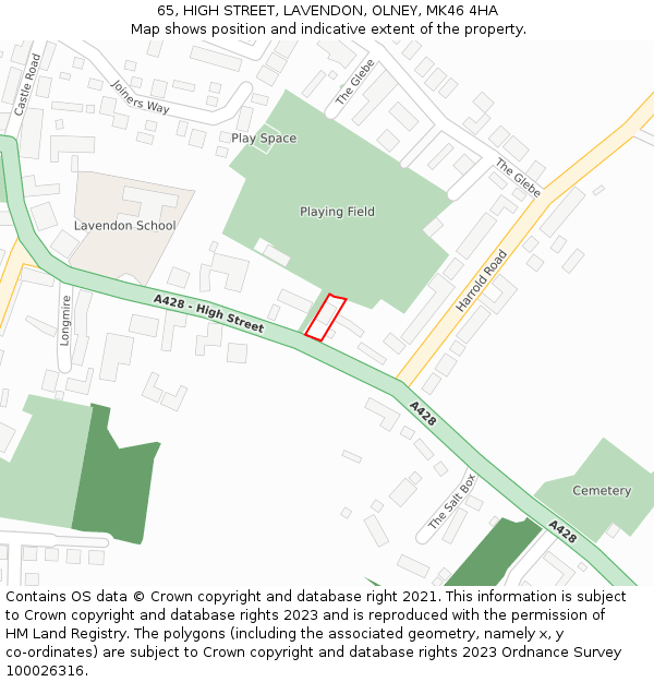 65, HIGH STREET, LAVENDON, OLNEY, MK46 4HA: Location map and indicative extent of plot