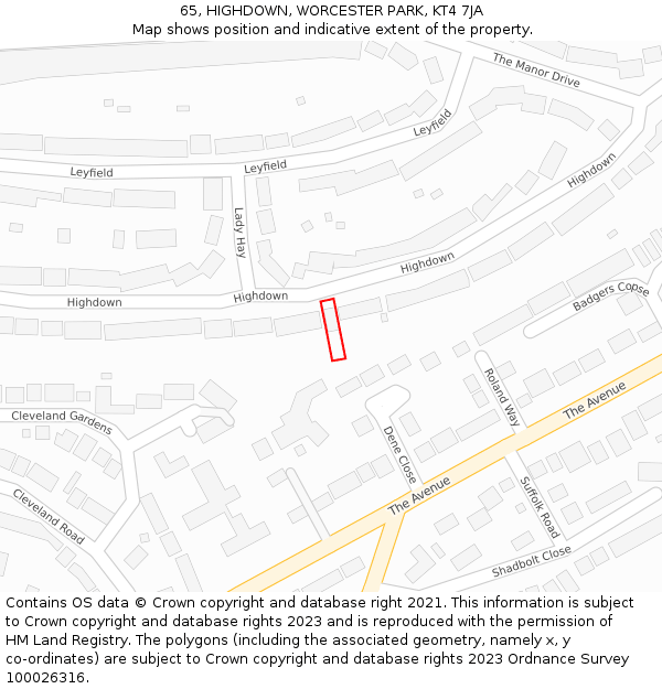 65, HIGHDOWN, WORCESTER PARK, KT4 7JA: Location map and indicative extent of plot
