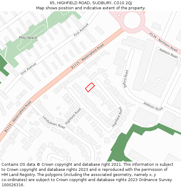 65, HIGHFIELD ROAD, SUDBURY, CO10 2QJ: Location map and indicative extent of plot