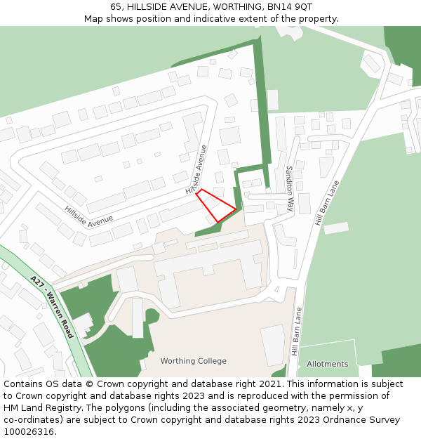65, HILLSIDE AVENUE, WORTHING, BN14 9QT: Location map and indicative extent of plot
