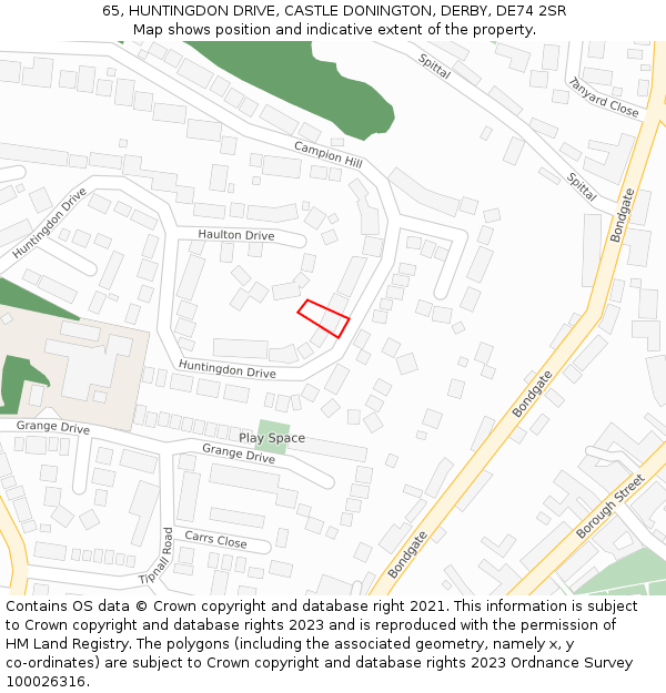 65, HUNTINGDON DRIVE, CASTLE DONINGTON, DERBY, DE74 2SR: Location map and indicative extent of plot