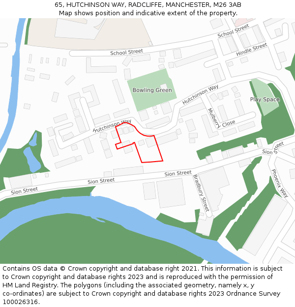 65, HUTCHINSON WAY, RADCLIFFE, MANCHESTER, M26 3AB: Location map and indicative extent of plot