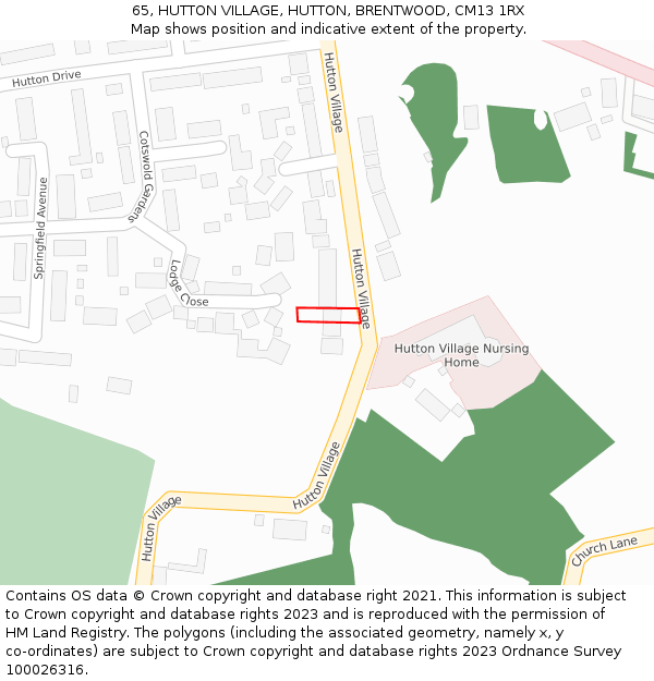 65, HUTTON VILLAGE, HUTTON, BRENTWOOD, CM13 1RX: Location map and indicative extent of plot