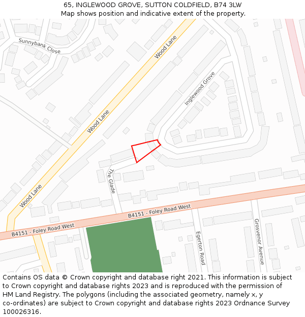 65, INGLEWOOD GROVE, SUTTON COLDFIELD, B74 3LW: Location map and indicative extent of plot