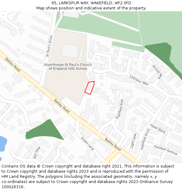 65, LARKSPUR WAY, WAKEFIELD, WF2 0FD: Location map and indicative extent of plot