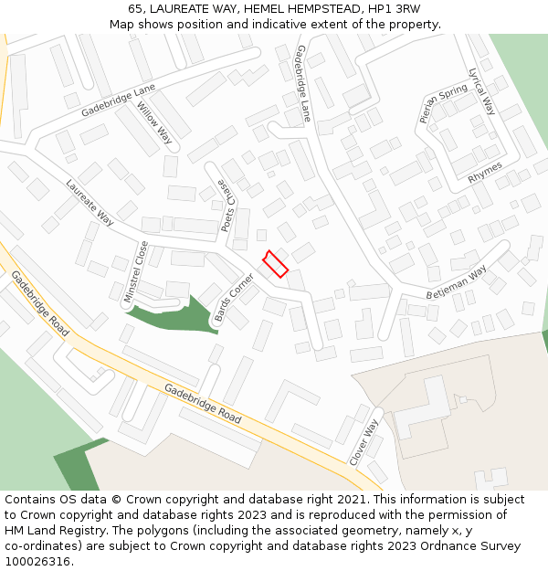 65, LAUREATE WAY, HEMEL HEMPSTEAD, HP1 3RW: Location map and indicative extent of plot