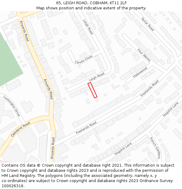 65, LEIGH ROAD, COBHAM, KT11 2LF: Location map and indicative extent of plot
