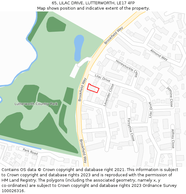 65, LILAC DRIVE, LUTTERWORTH, LE17 4FP: Location map and indicative extent of plot