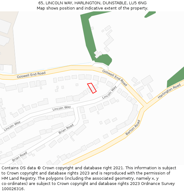 65, LINCOLN WAY, HARLINGTON, DUNSTABLE, LU5 6NG: Location map and indicative extent of plot