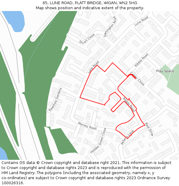 65, LUNE ROAD, PLATT BRIDGE, WIGAN, WN2 5HG: Location map and indicative extent of plot