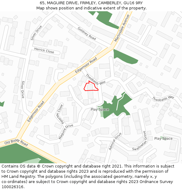 65, MAGUIRE DRIVE, FRIMLEY, CAMBERLEY, GU16 9RY: Location map and indicative extent of plot
