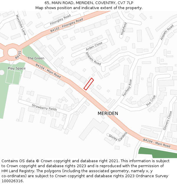 65, MAIN ROAD, MERIDEN, COVENTRY, CV7 7LP: Location map and indicative extent of plot