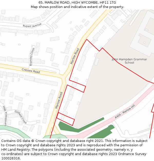 65, MARLOW ROAD, HIGH WYCOMBE, HP11 1TG: Location map and indicative extent of plot