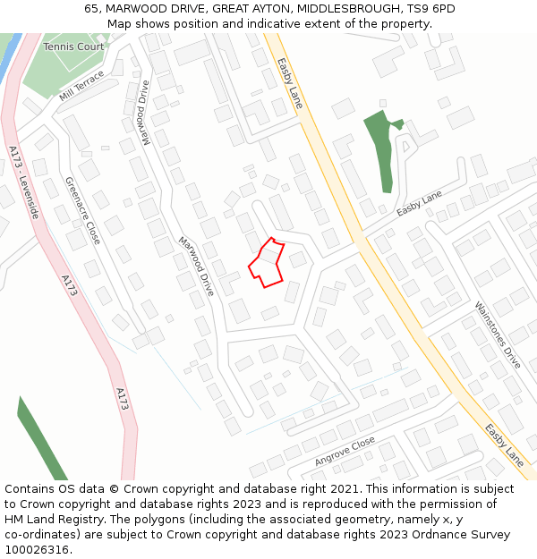 65, MARWOOD DRIVE, GREAT AYTON, MIDDLESBROUGH, TS9 6PD: Location map and indicative extent of plot