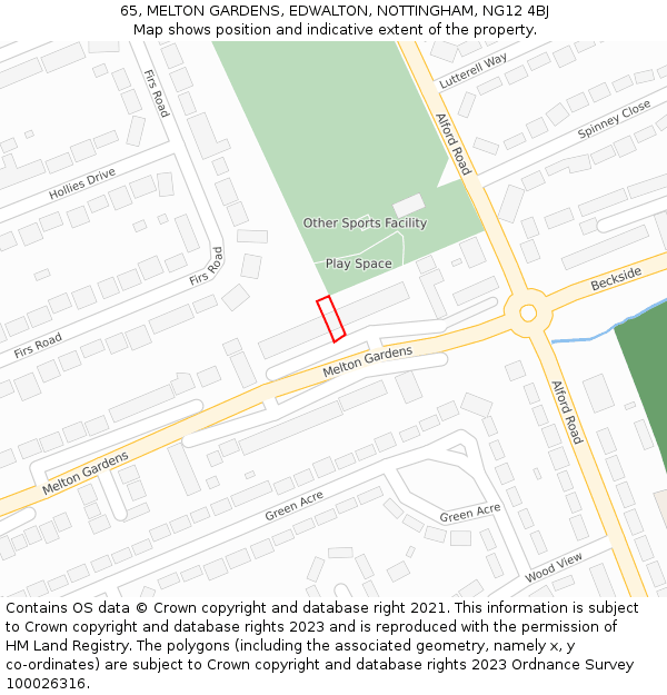 65, MELTON GARDENS, EDWALTON, NOTTINGHAM, NG12 4BJ: Location map and indicative extent of plot