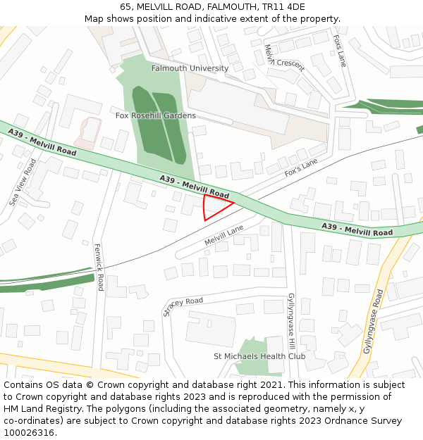 65, MELVILL ROAD, FALMOUTH, TR11 4DE: Location map and indicative extent of plot