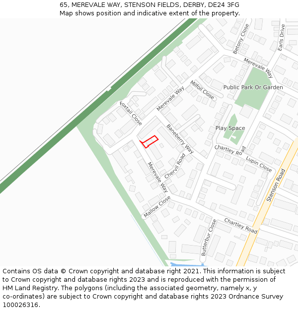 65, MEREVALE WAY, STENSON FIELDS, DERBY, DE24 3FG: Location map and indicative extent of plot