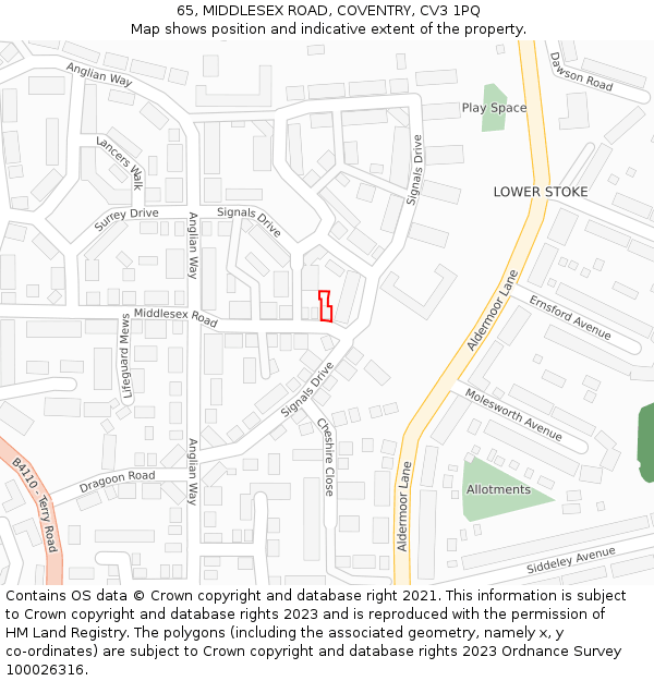 65, MIDDLESEX ROAD, COVENTRY, CV3 1PQ: Location map and indicative extent of plot