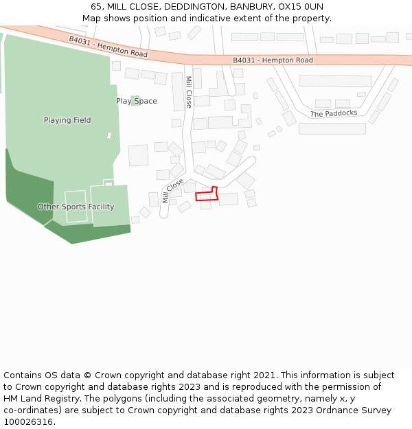 65, MILL CLOSE, DEDDINGTON, BANBURY, OX15 0UN: Location map and indicative extent of plot