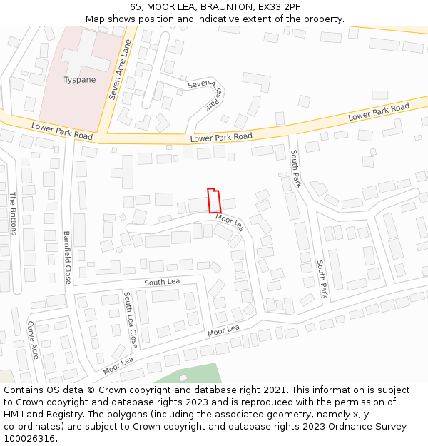 65, MOOR LEA, BRAUNTON, EX33 2PF: Location map and indicative extent of plot