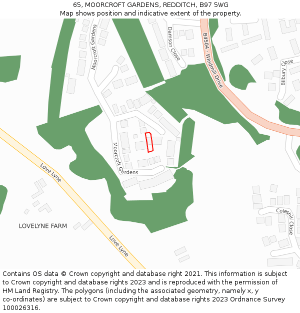 65, MOORCROFT GARDENS, REDDITCH, B97 5WG: Location map and indicative extent of plot