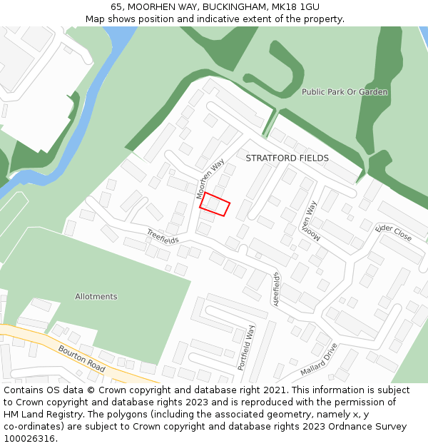 65, MOORHEN WAY, BUCKINGHAM, MK18 1GU: Location map and indicative extent of plot