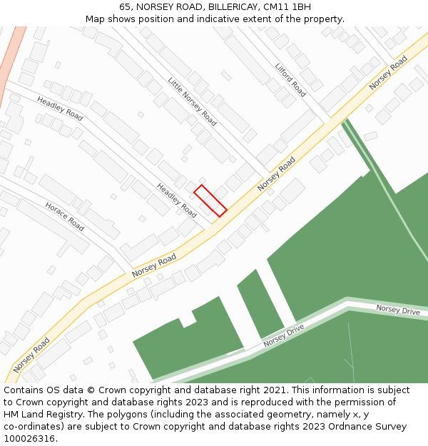 65, NORSEY ROAD, BILLERICAY, CM11 1BH: Location map and indicative extent of plot