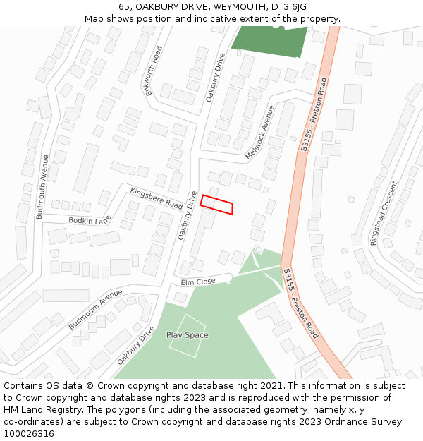 65, OAKBURY DRIVE, WEYMOUTH, DT3 6JG: Location map and indicative extent of plot