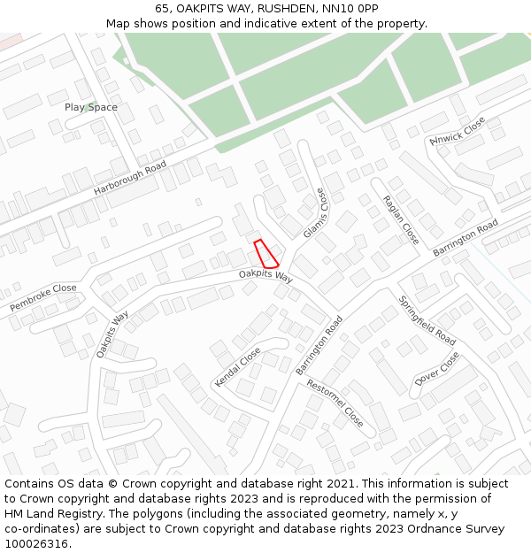 65, OAKPITS WAY, RUSHDEN, NN10 0PP: Location map and indicative extent of plot