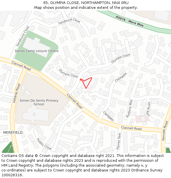 65, OLYMPIA CLOSE, NORTHAMPTON, NN4 0RU: Location map and indicative extent of plot