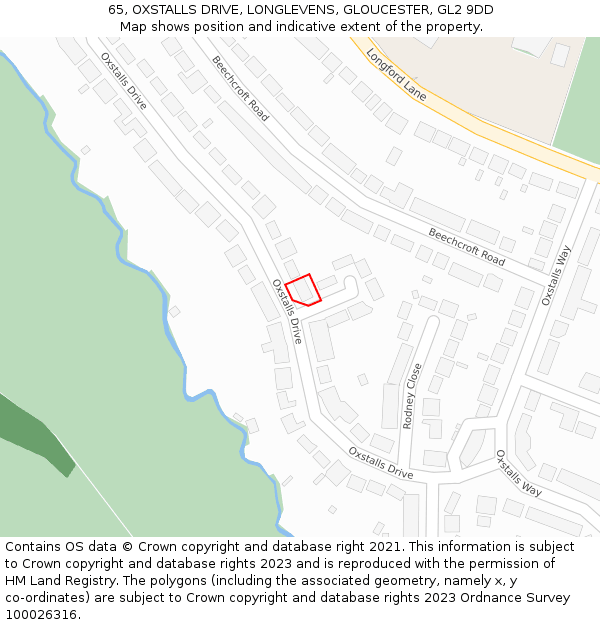 65, OXSTALLS DRIVE, LONGLEVENS, GLOUCESTER, GL2 9DD: Location map and indicative extent of plot