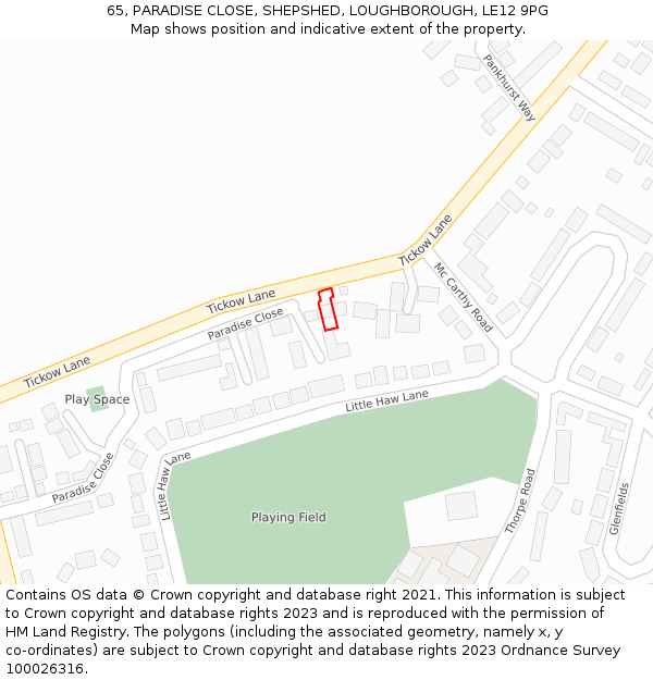 65, PARADISE CLOSE, SHEPSHED, LOUGHBOROUGH, LE12 9PG: Location map and indicative extent of plot