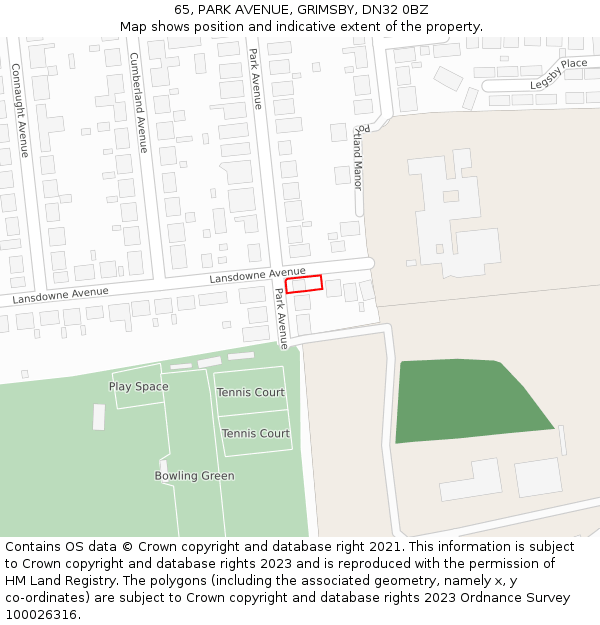 65, PARK AVENUE, GRIMSBY, DN32 0BZ: Location map and indicative extent of plot