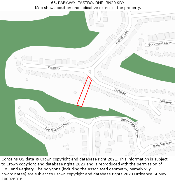 65, PARKWAY, EASTBOURNE, BN20 9DY: Location map and indicative extent of plot