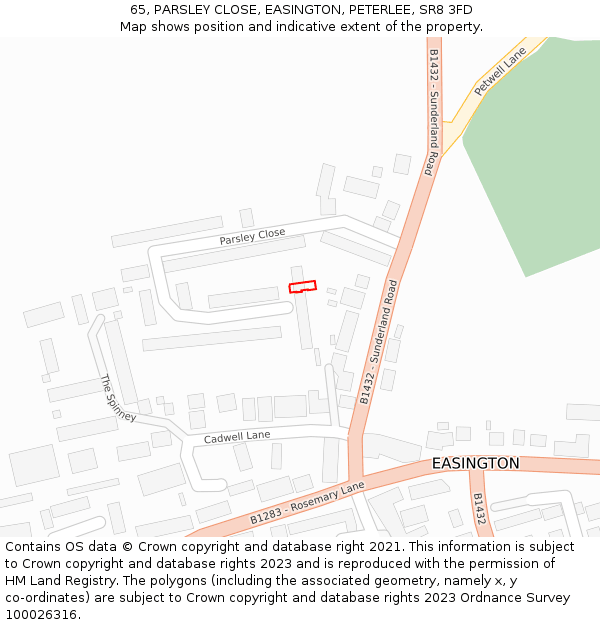 65, PARSLEY CLOSE, EASINGTON, PETERLEE, SR8 3FD: Location map and indicative extent of plot