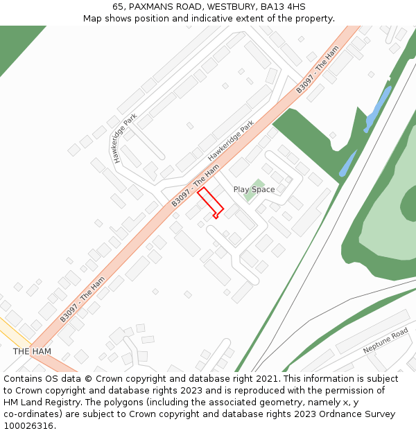 65, PAXMANS ROAD, WESTBURY, BA13 4HS: Location map and indicative extent of plot