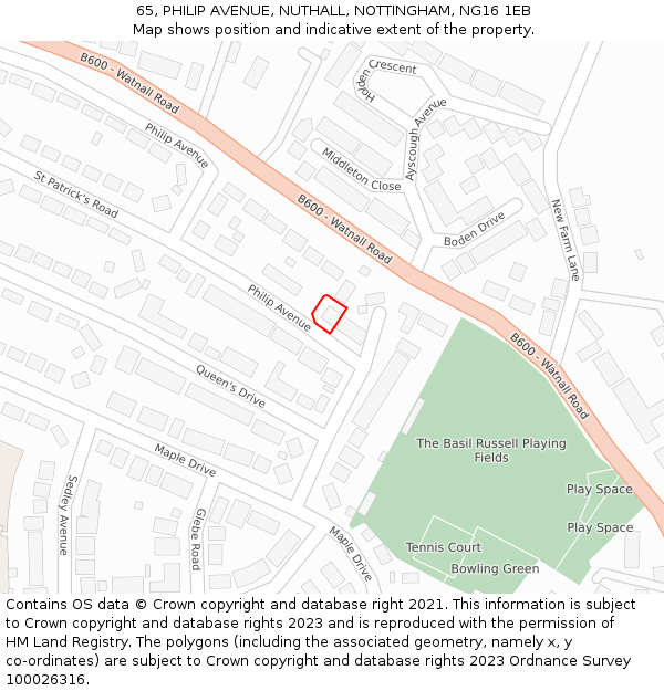 65, PHILIP AVENUE, NUTHALL, NOTTINGHAM, NG16 1EB: Location map and indicative extent of plot